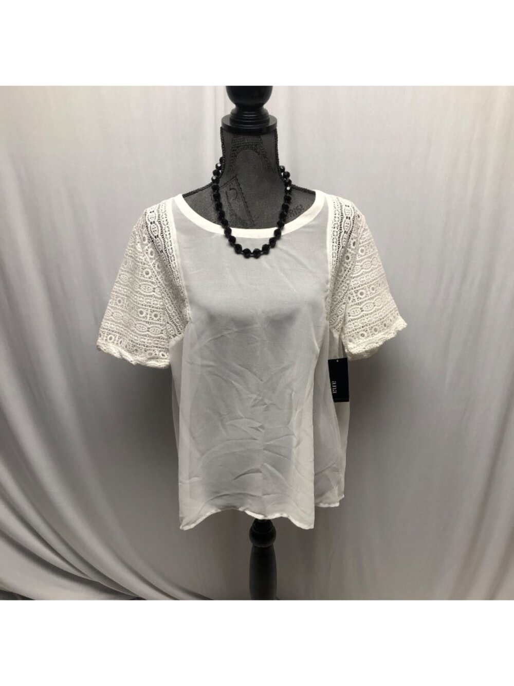 ana Top Womens Size XL Sheer White Crocheted Lace Sleeve Blouse NEW